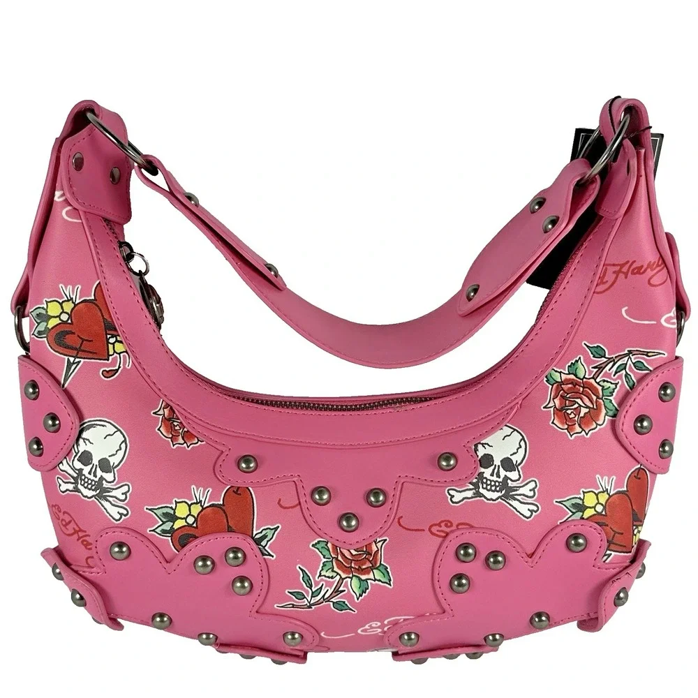 Ed Hardy Pink Tattoo Print Studded Hobo Shoulder Bag Skull Y2K Punk